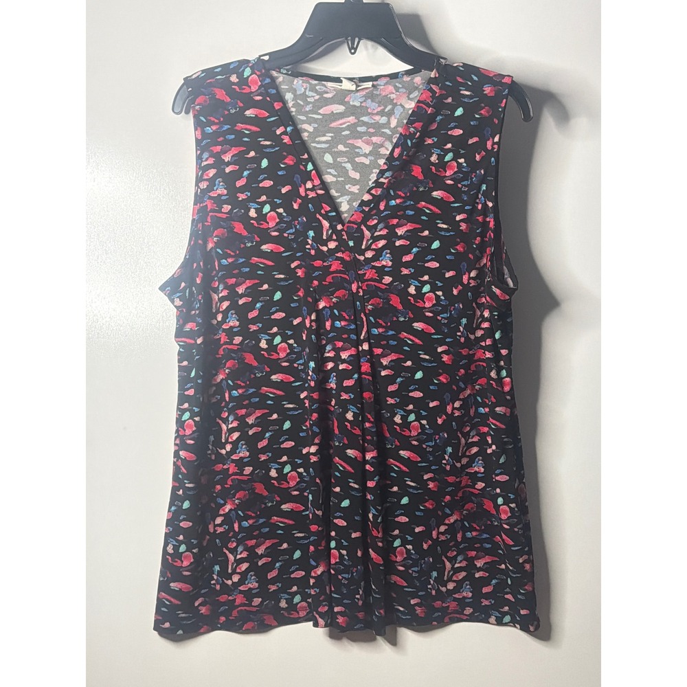 Dana Buchman XL Sleeveless V-Neck Blouse Abstract Pink Blue Print Pleated Top